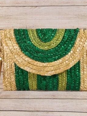 Handwoven Straw Clutch in Green & Natural with wristband and shoulder strap